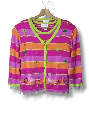 Just B Striped Flamingo Palm Tree Cardigan Set Size M